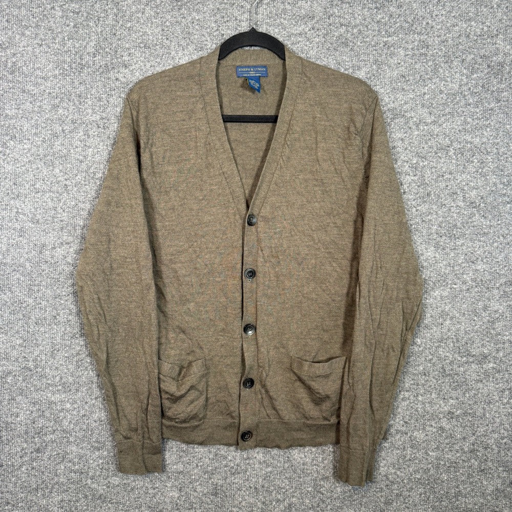 Joseph & Lyman Cardigan Mens Medium Tan Brown‎ Merino Wool Sweater Old Money